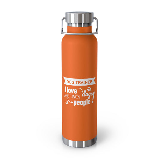 Orange water bottle with text on a white background