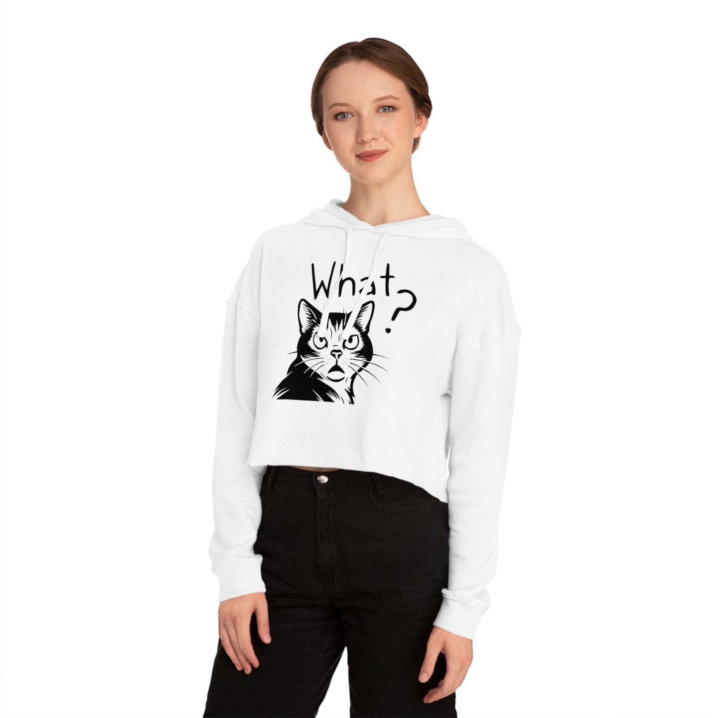 Person wearing a white hoodie with a cat graphic and text on a white background