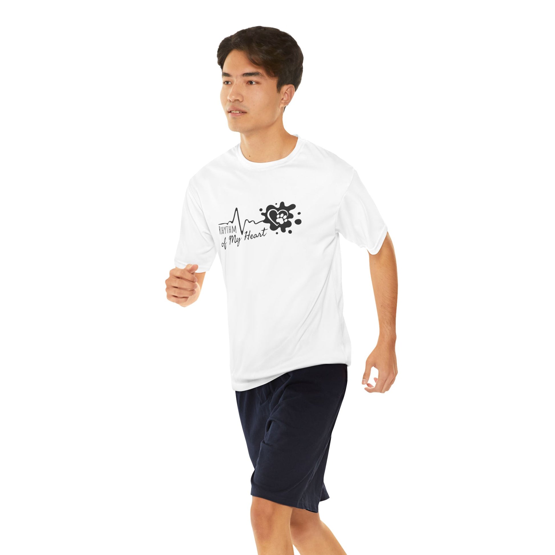 Person wearing a white t-shirt with a design on a white background