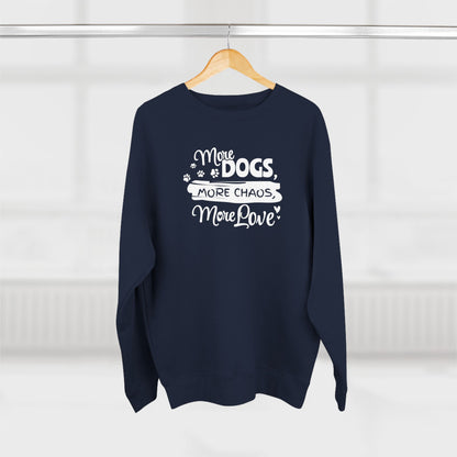 Navy blue sweatshirt with white text on a wooden hanger against a white background