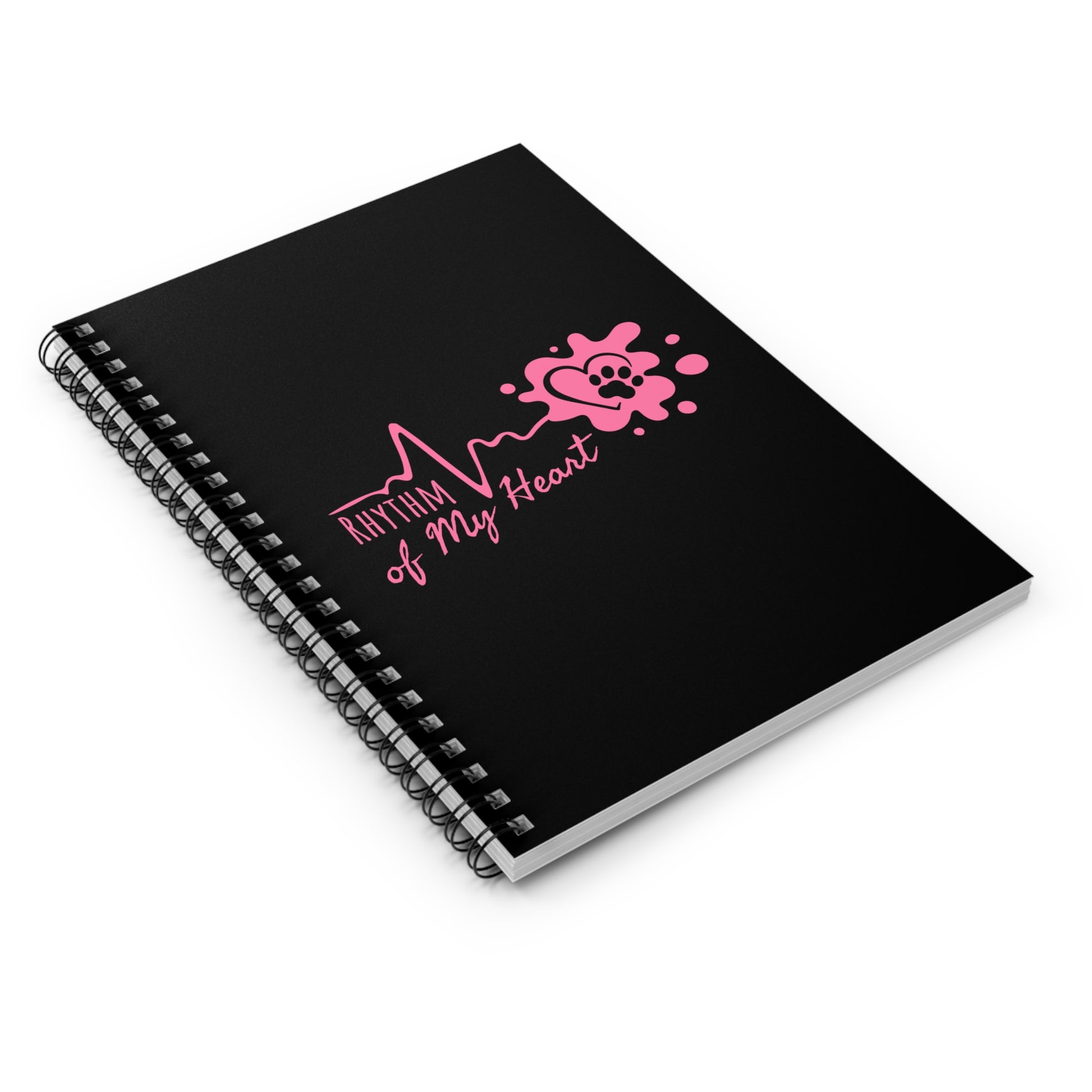 Black notebook with pink design and text on a white background