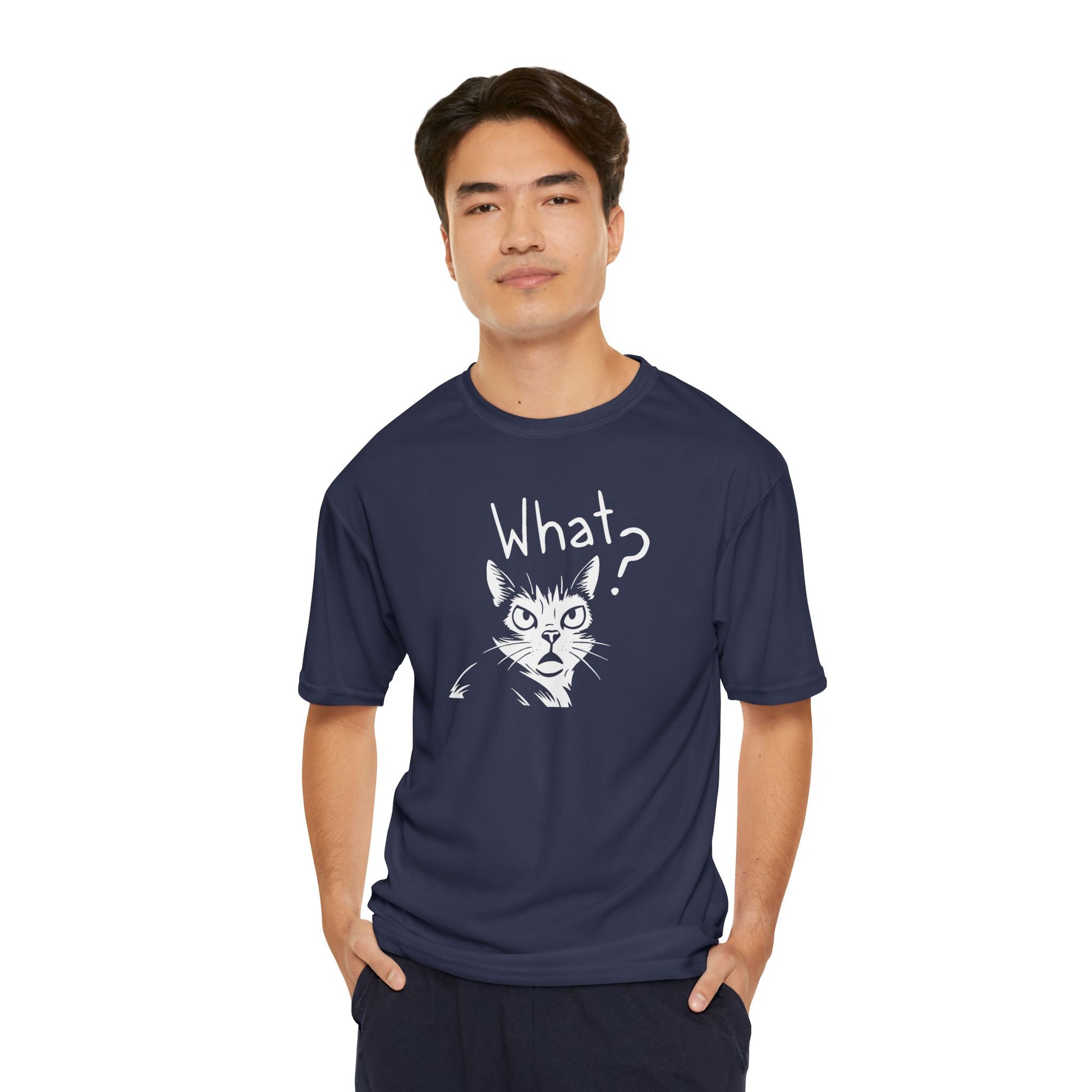 Man wearing a navy blue t-shirt with a cat graphic and 'What?' text on a white background