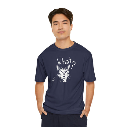 Man wearing a navy blue t-shirt with a cat graphic and 'What?' text on a white background
