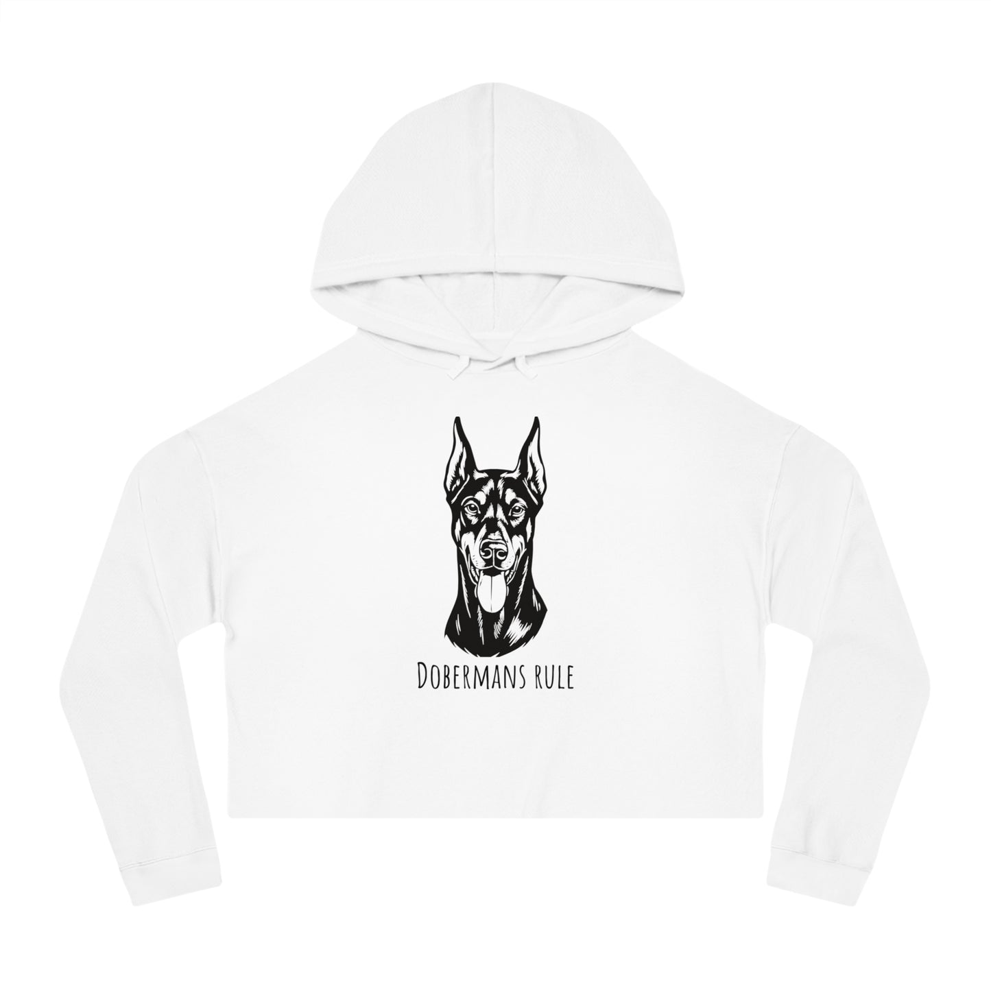 White hoodie with a black doberman graphic and 'Dobermans Rule' text on a white background