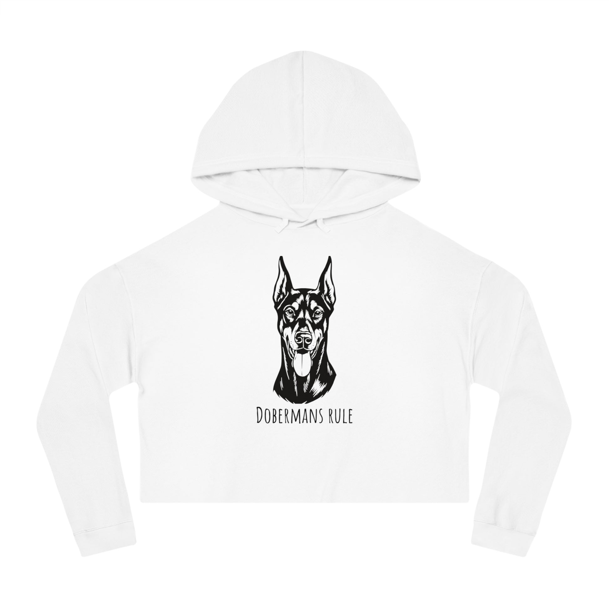 White hoodie with a black doberman graphic and 'Dobermans Rule' text on a white background