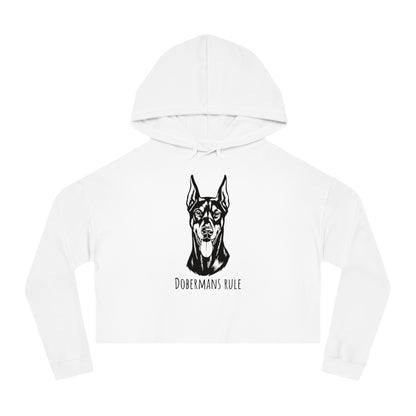 White hoodie with a black doberman graphic and 'Dobermans Rule' text on a white background