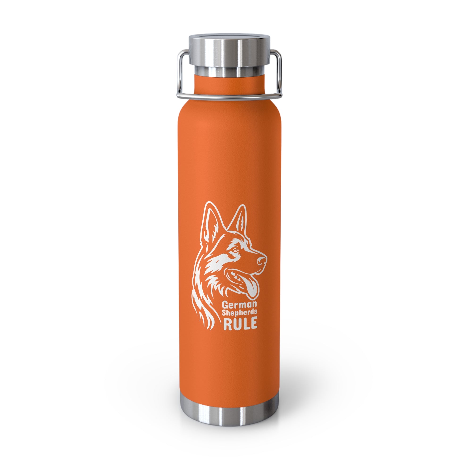 Orange water bottle with a German Shepherd design and 'German Shepherds Rule' text on a white background