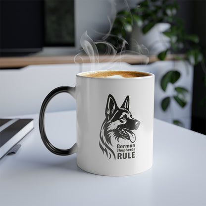 White mug with black handle and 'German Shepherds Rule' text, steaming hot on a desk.