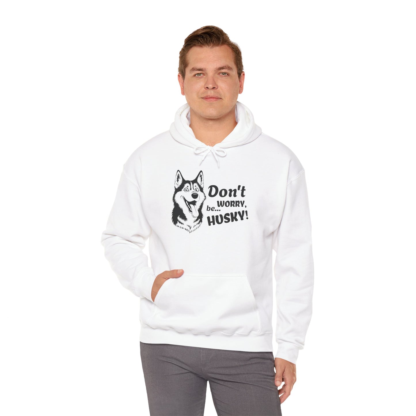 Man wearing a white hoodie with a husky graphic and text on a white background