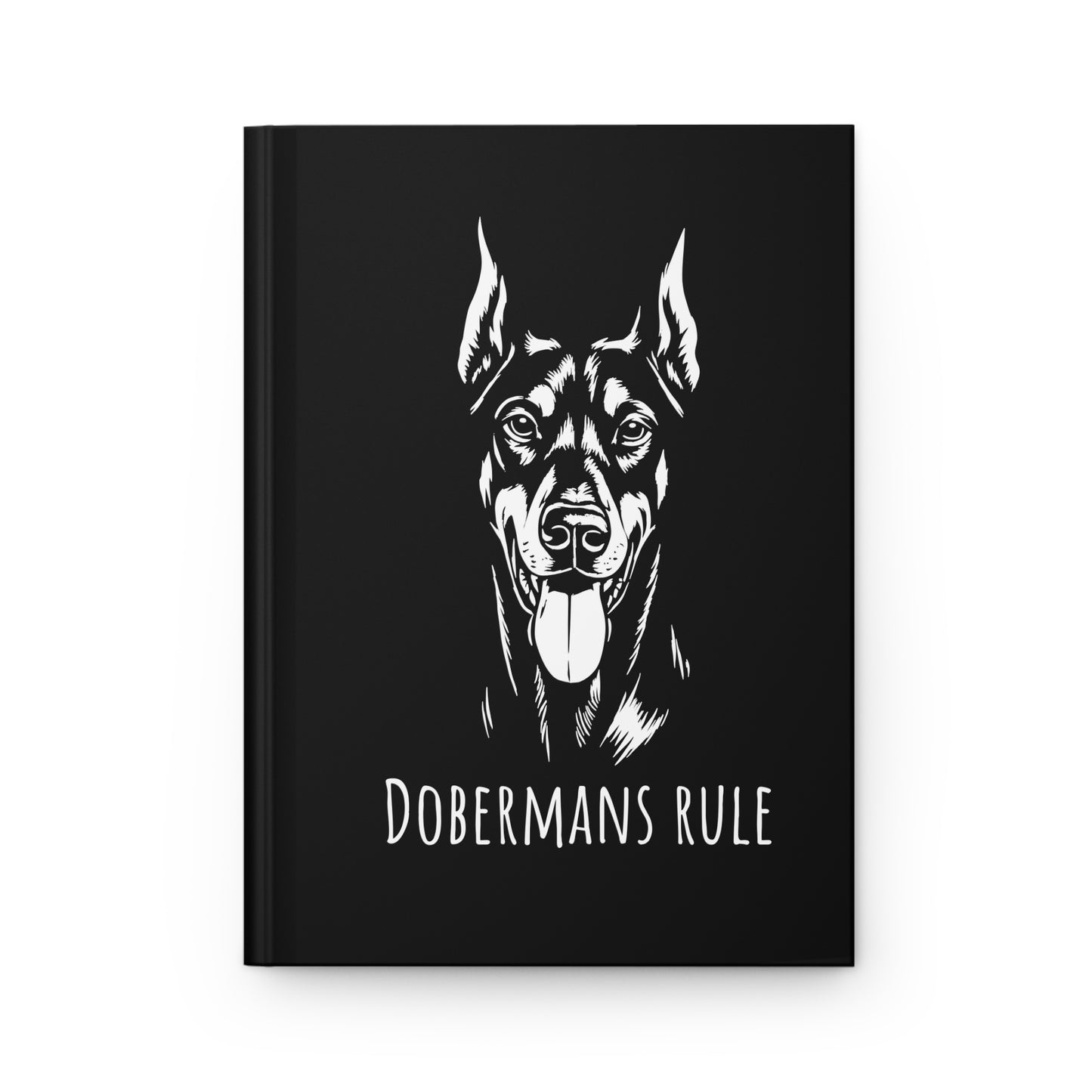 Black notebook with a white Doberman illustration and 'Dobermans Rule' text on a white background