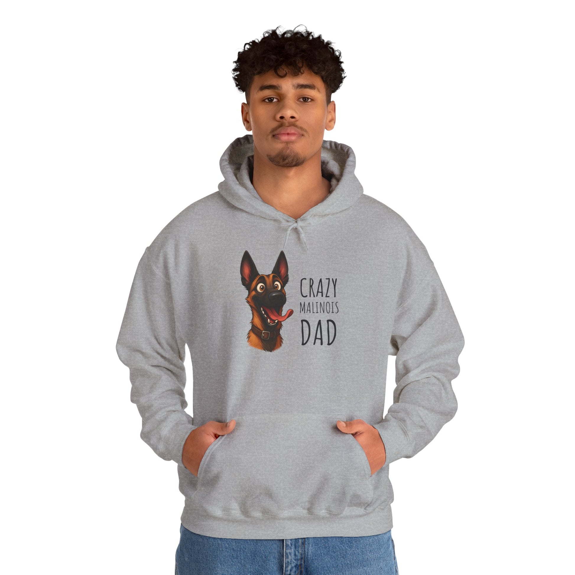 Person wearing a gray hoodie with a dog graphic and text on a white background
