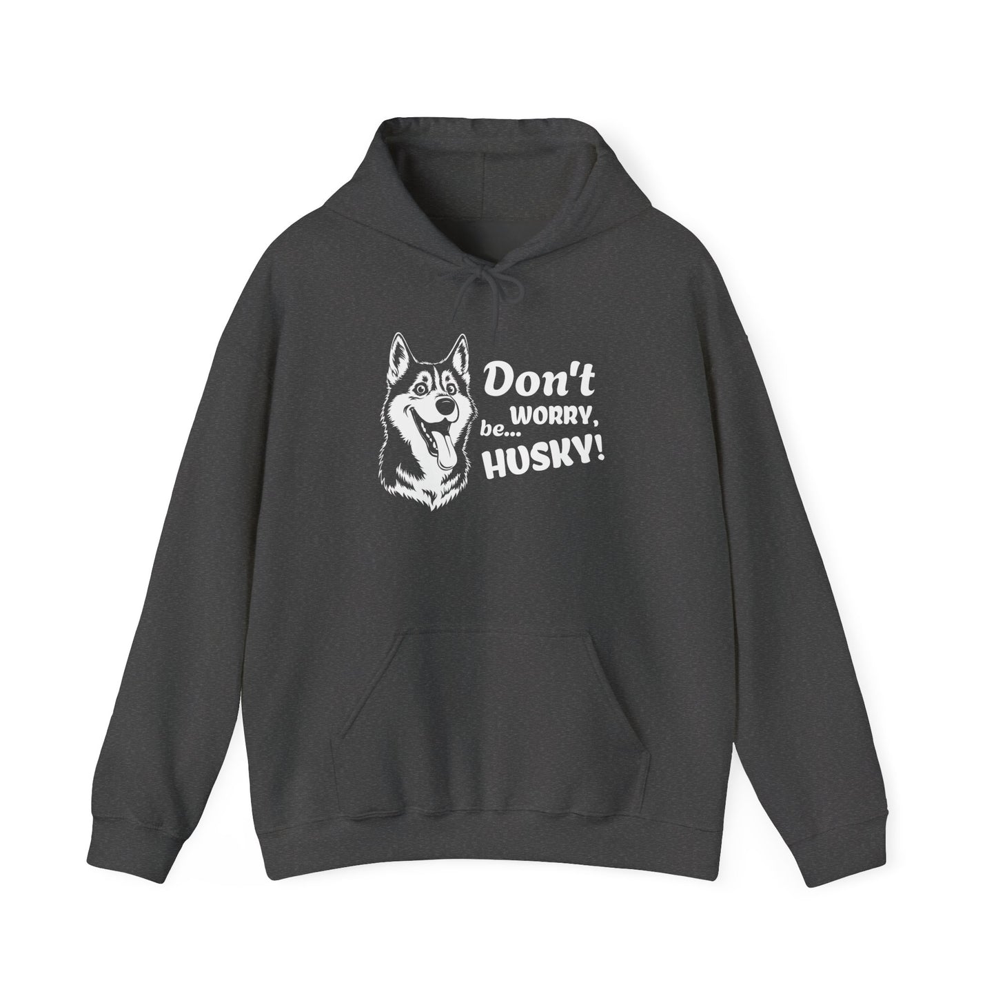 Dark gray hoodie with husky graphic and text on a white background