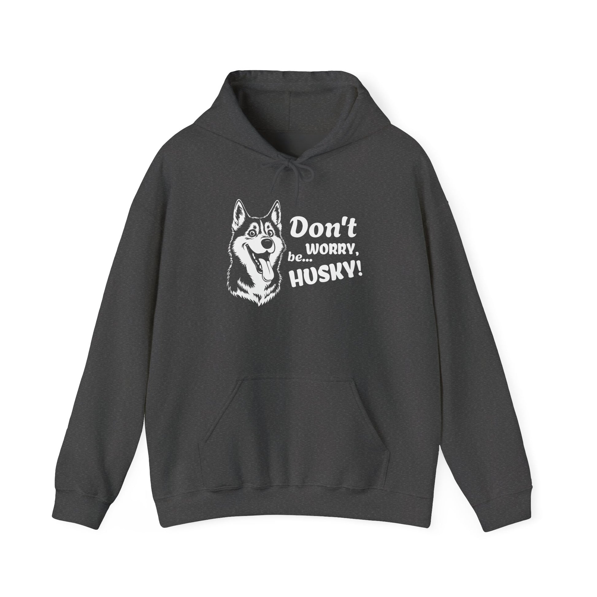 Dark gray hoodie with husky graphic and text on a white background
