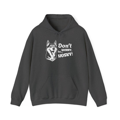 Dark gray hoodie with husky graphic and text on a white background