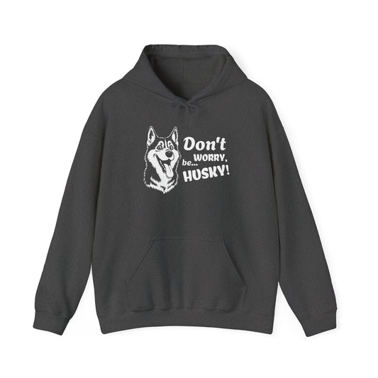 Dark gray hoodie with husky graphic and text on a white background