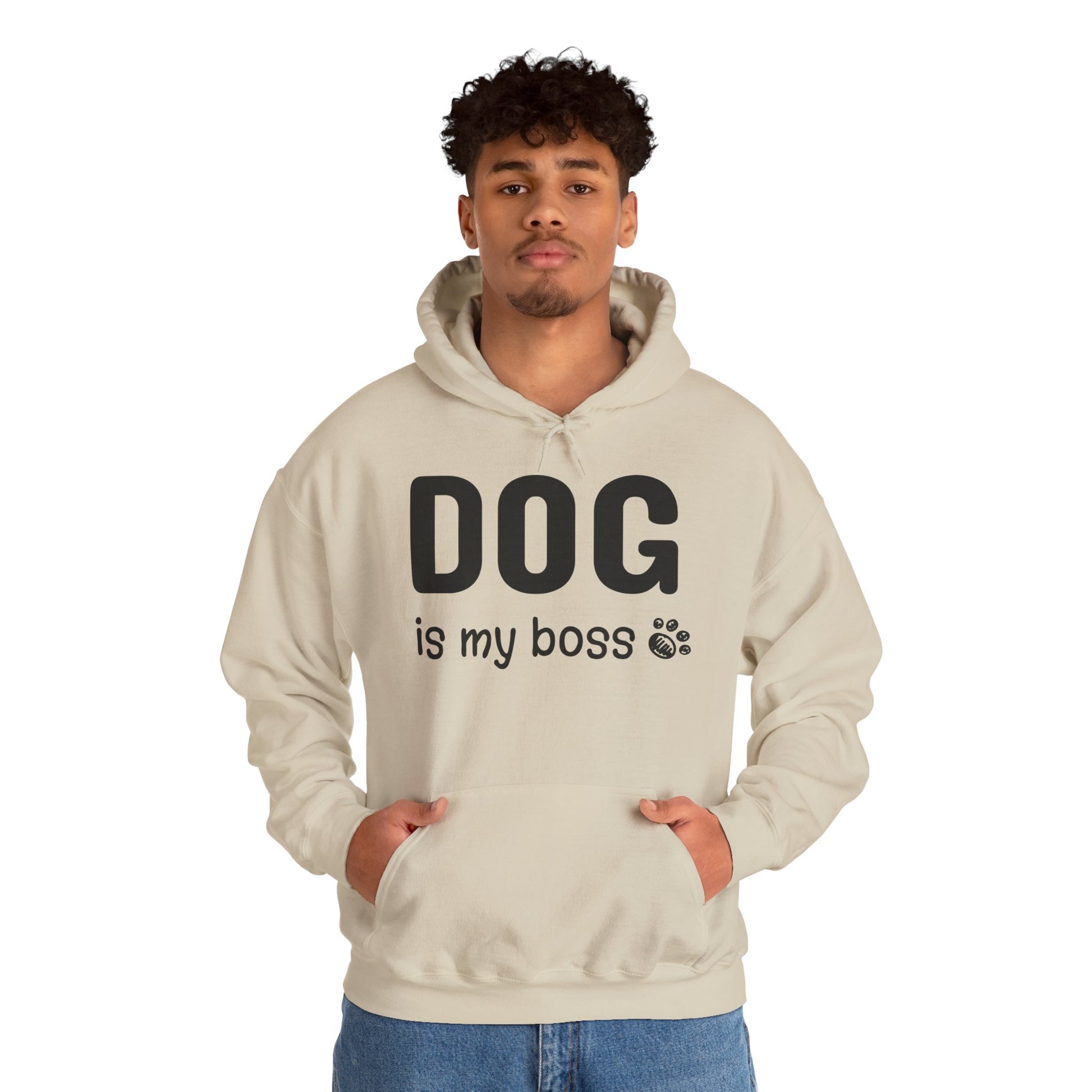 Person wearing a beige hoodie with 'DOG is my boss' text on a white background