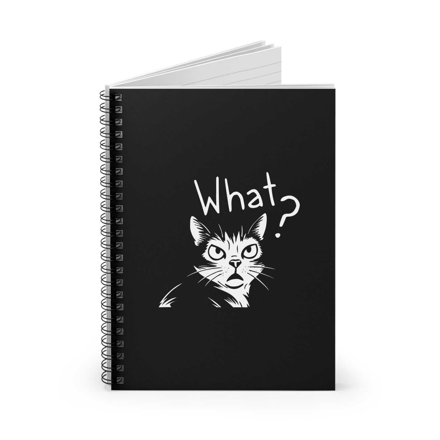 Black notebook with a cat illustration and 'What?' text on a white background