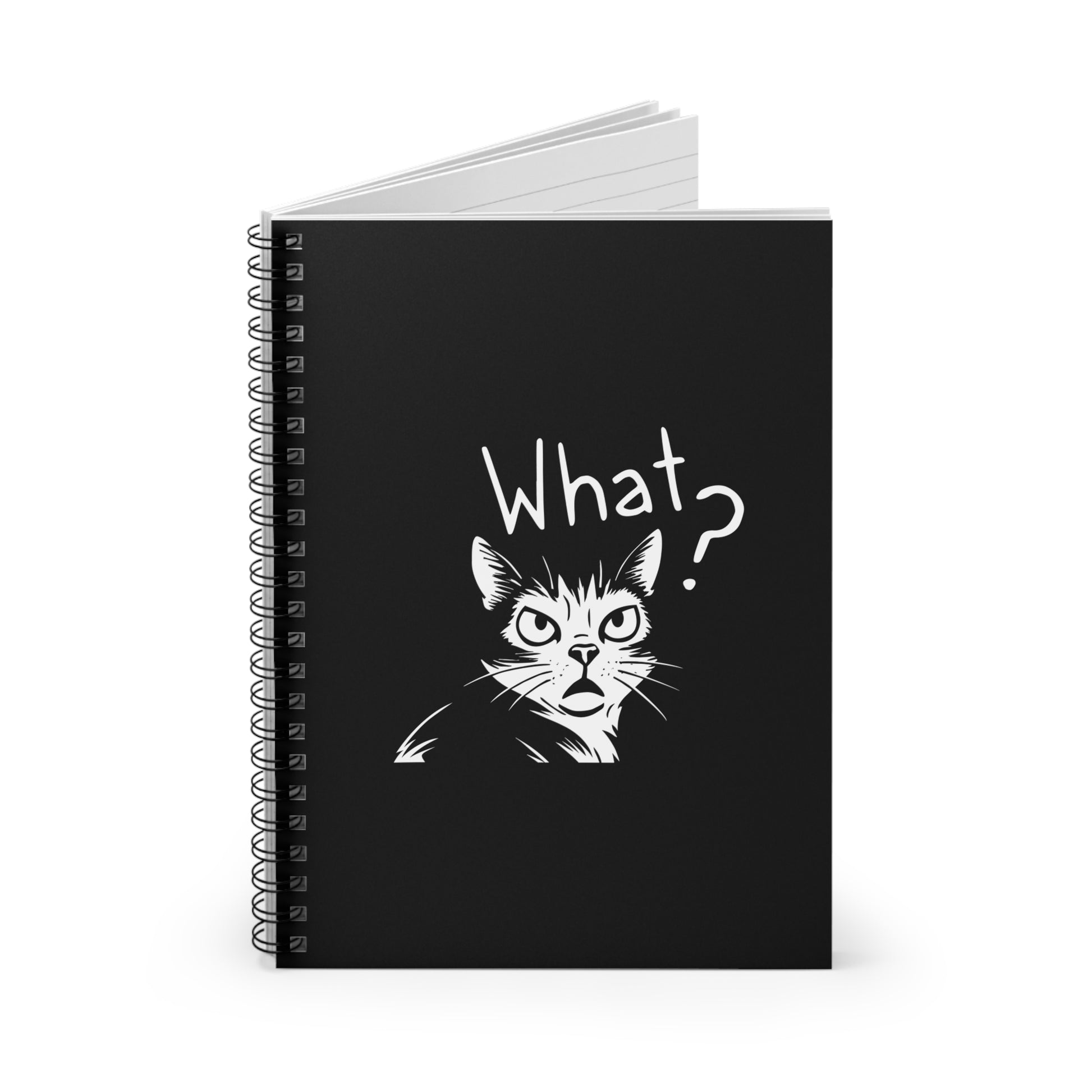 Black notebook with a cat illustration and 'What?' text on a white background