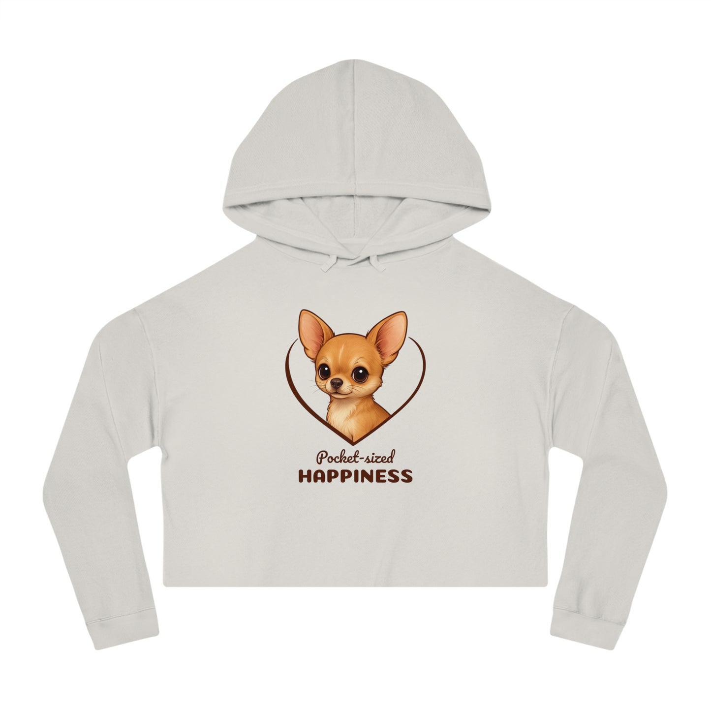 Light gray cropped hoodie with a dog graphic and text on a white background