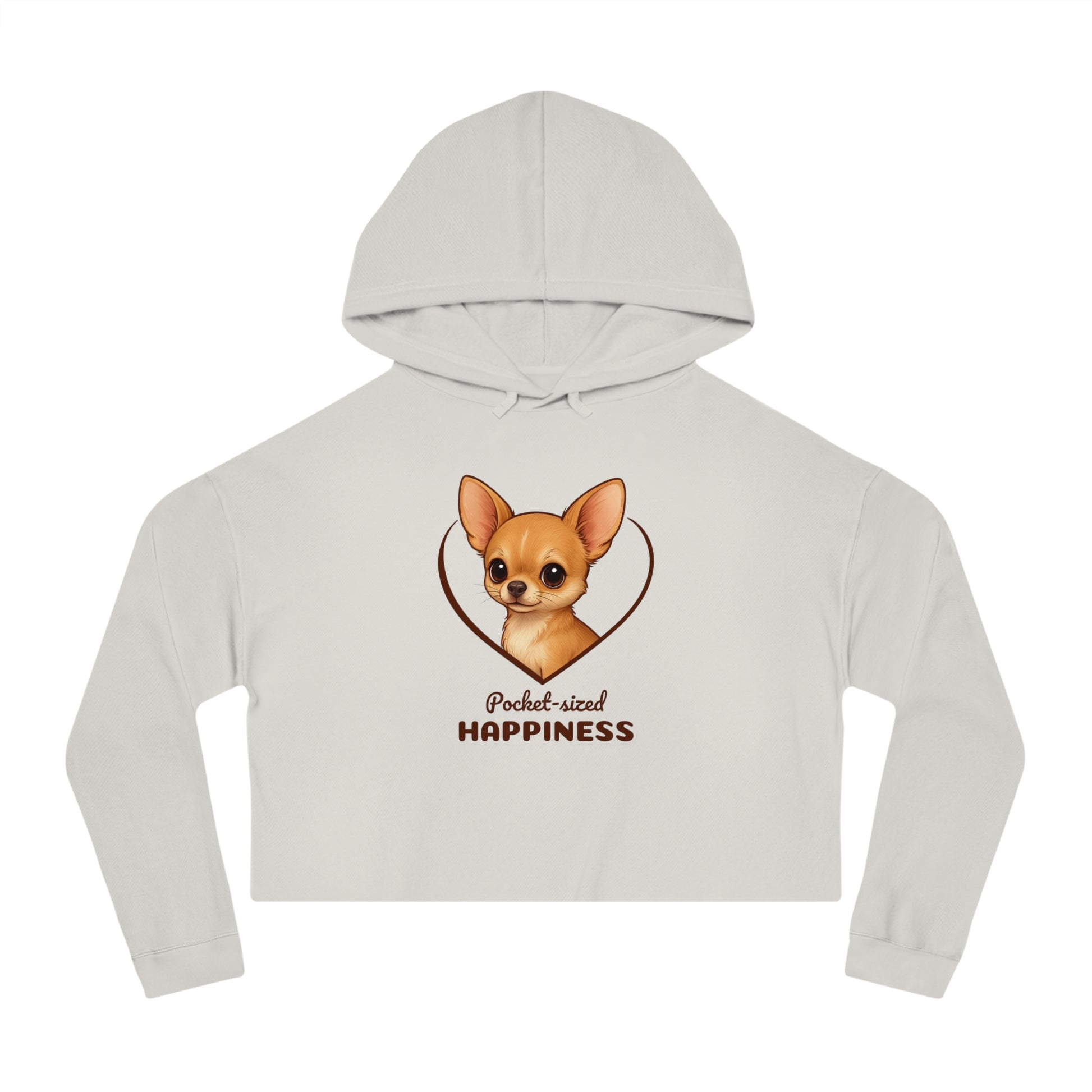 Light gray cropped hoodie with a dog graphic and text on a white background