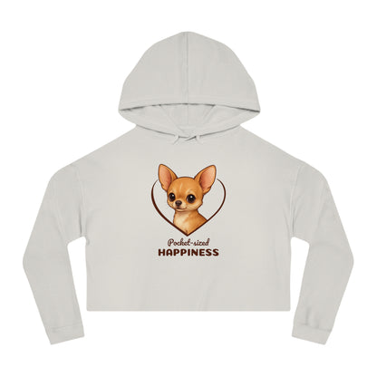Light gray cropped hoodie with a dog graphic and text on a white background