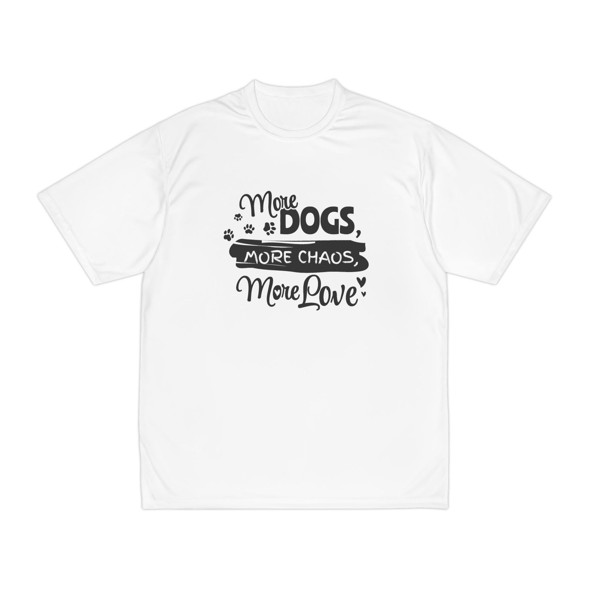 White t-shirt with black text and graphics on a white background