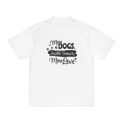 White t-shirt with black text and graphics on a white background