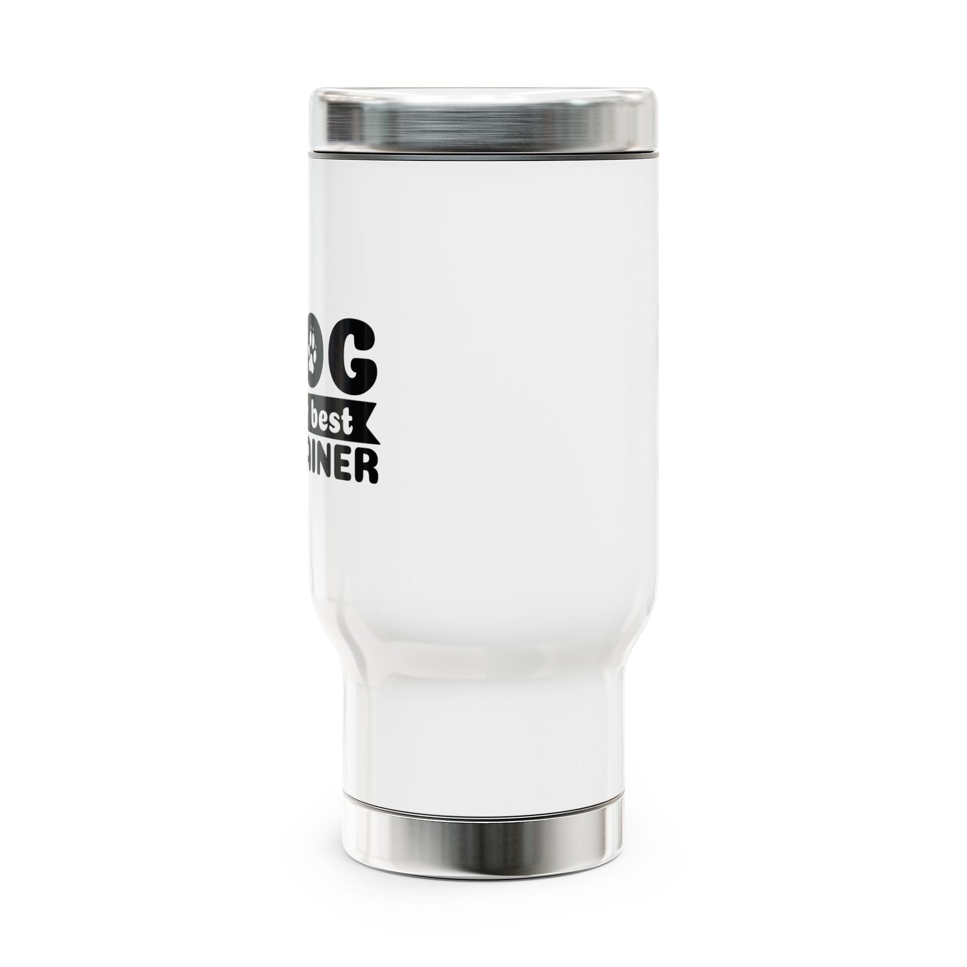 White tumbler with black text on a white background