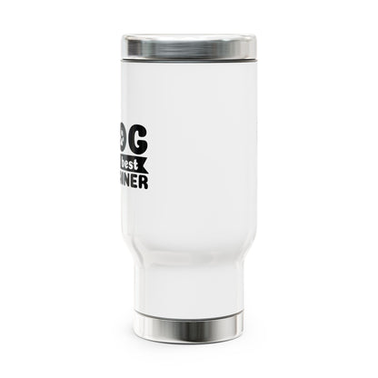White tumbler with black text on a white background