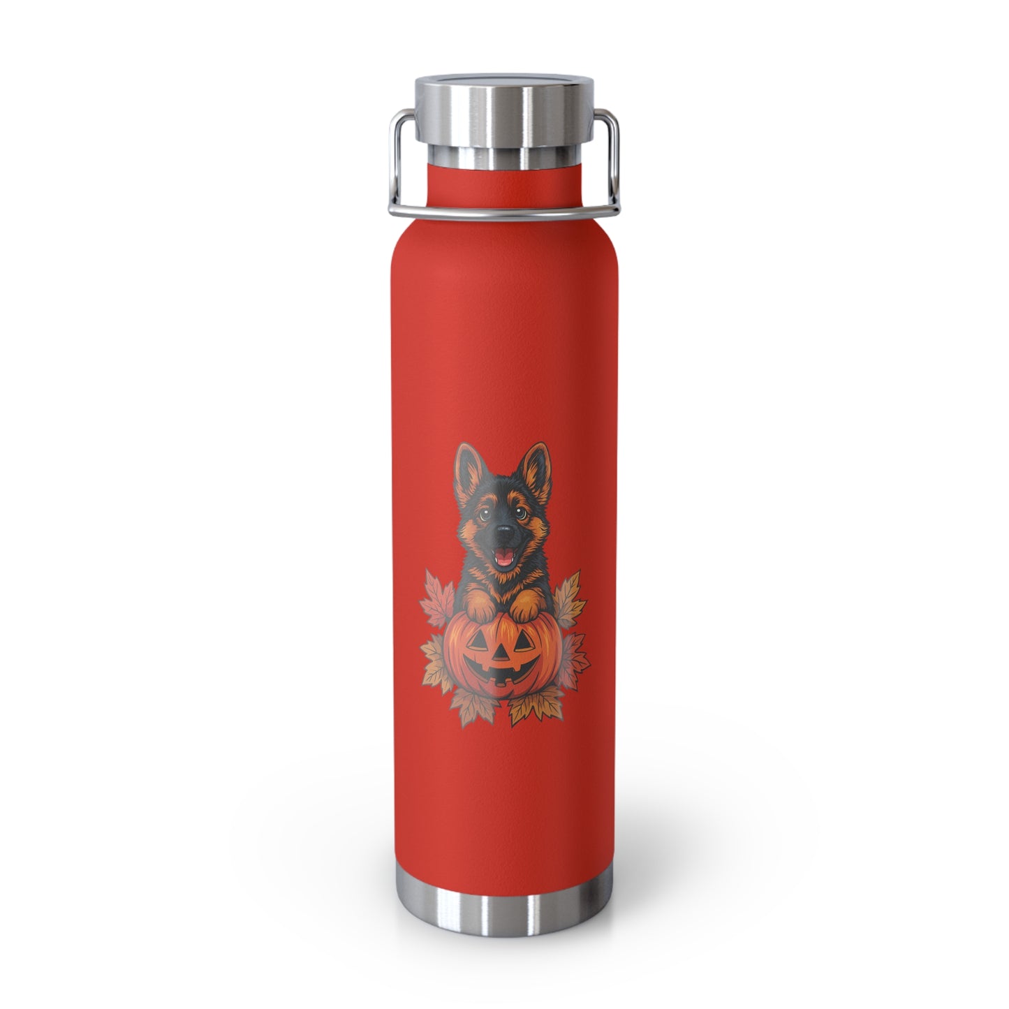 Red water bottle with a dog and pumpkin design on a white background