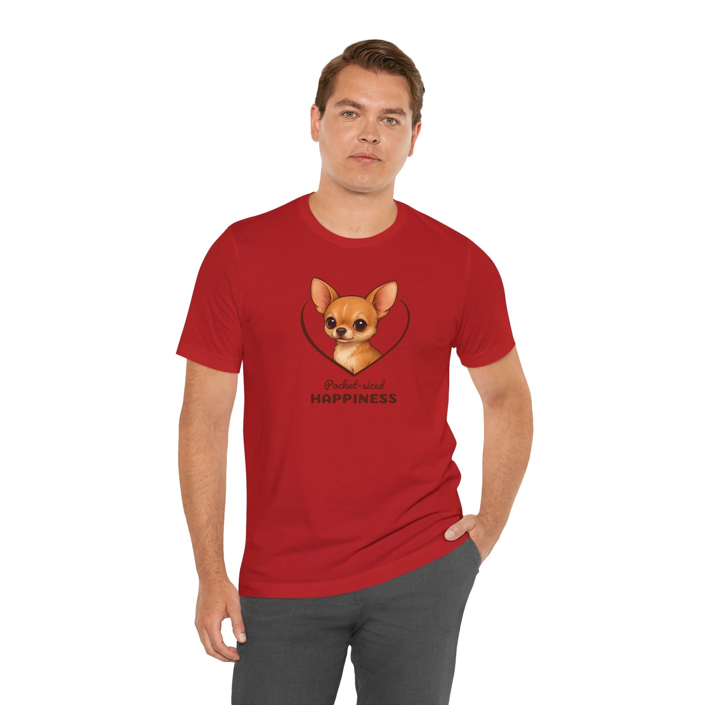 Man wearing a red t-shirt with a dog graphic and text on a white background