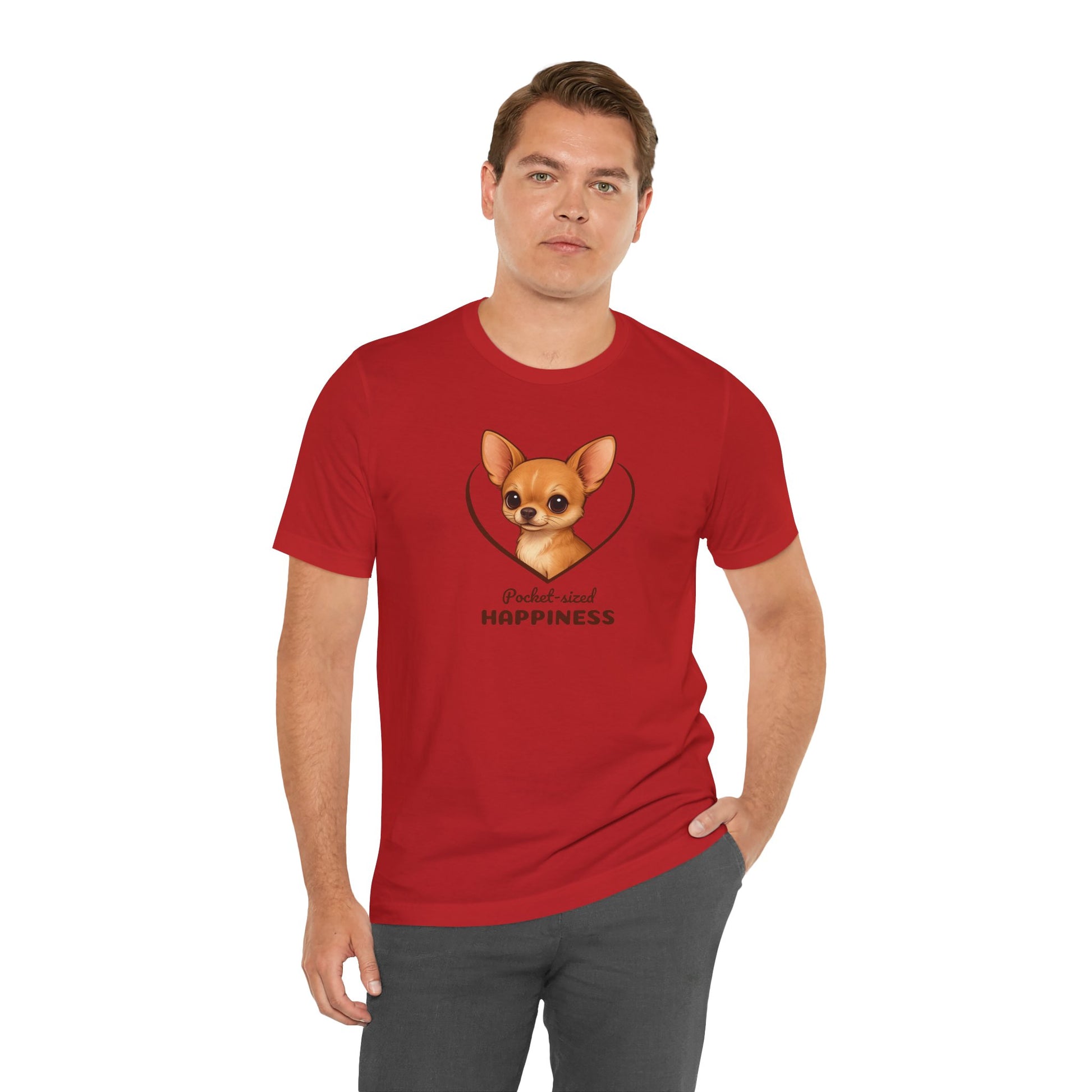 Man wearing a red t-shirt with a dog graphic and text on a white background