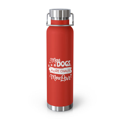 Red water bottle with silver cap and white text on a white background