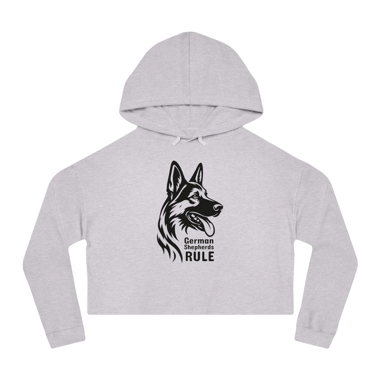 Gray cropped hoodie with a black German Shepherd design and 'German Shepherds Rule' text on a white background.