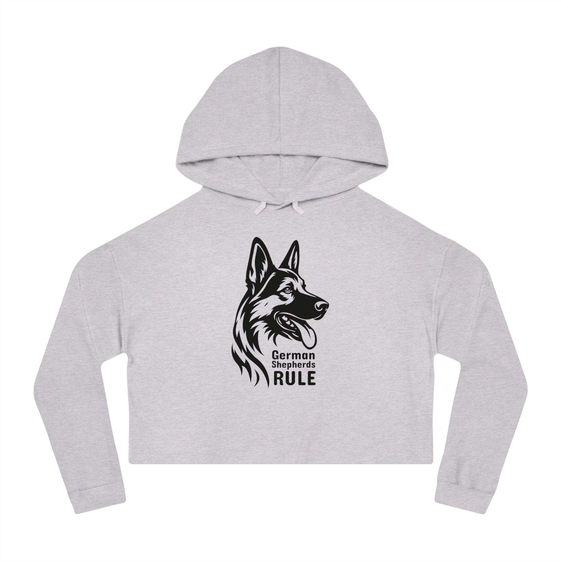 Gray cropped hoodie with a black German Shepherd design and 'German Shepherds Rule' text on a white background.