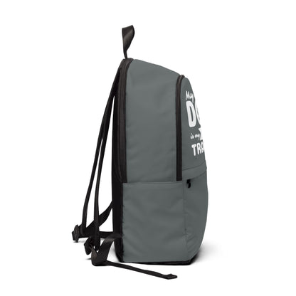 Gray backpack with text on a white background