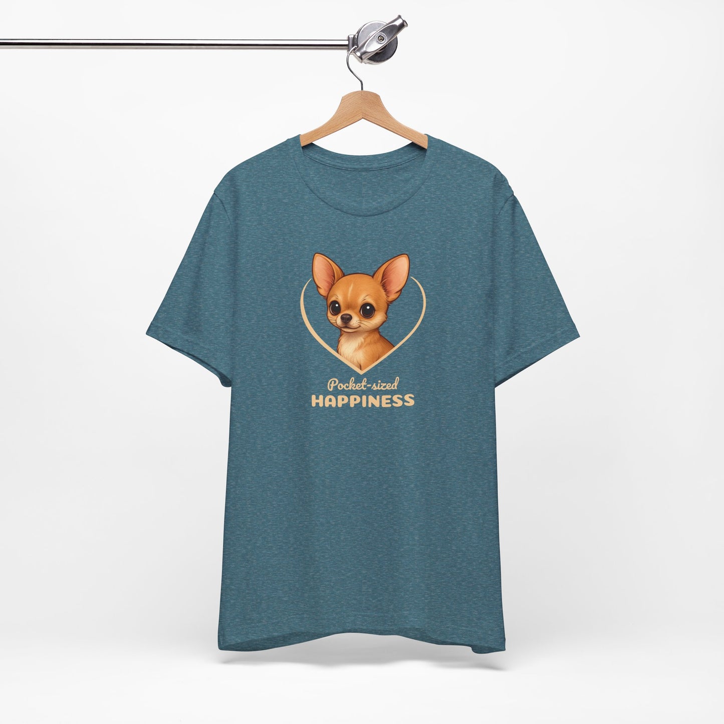 Blue t-shirt with a dog graphic and text on a hanger against a white background