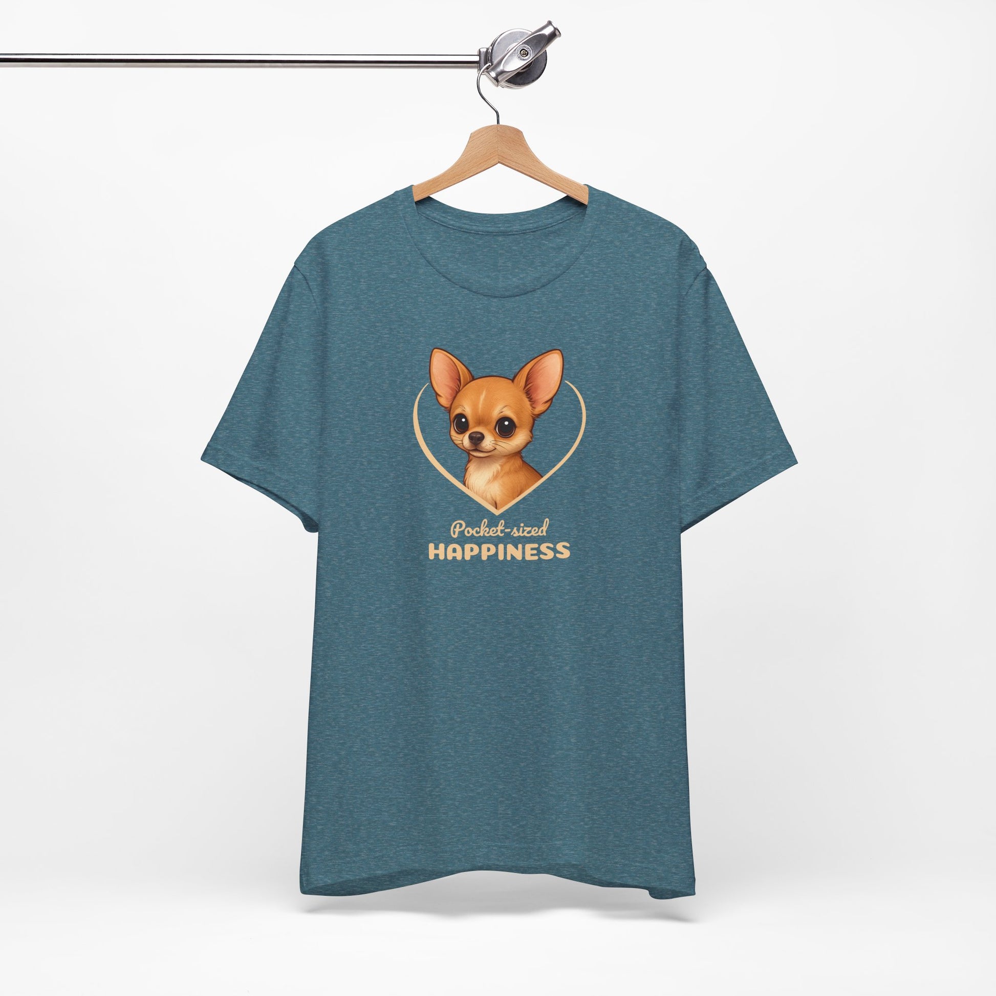 Blue t-shirt with a dog graphic and text on a hanger against a white background