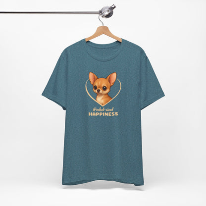 Blue t-shirt with a dog graphic and text on a hanger against a white background