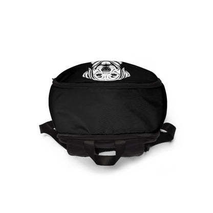 Black backpack with a white graphic on a white background