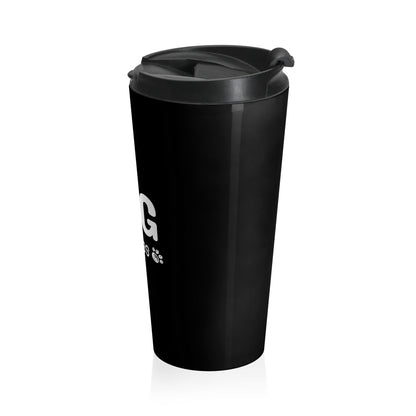 Black travel mug with a logo on a white background