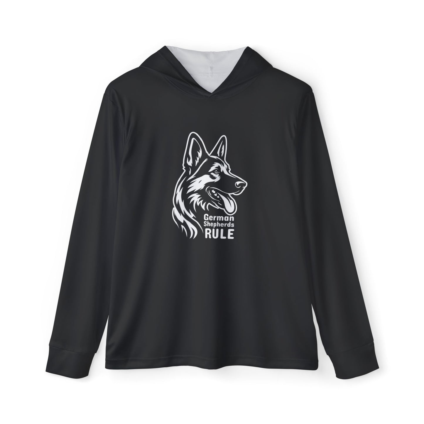 Black hoodie with a white dog illustration and 'German Shepherds Rule' text on a white background