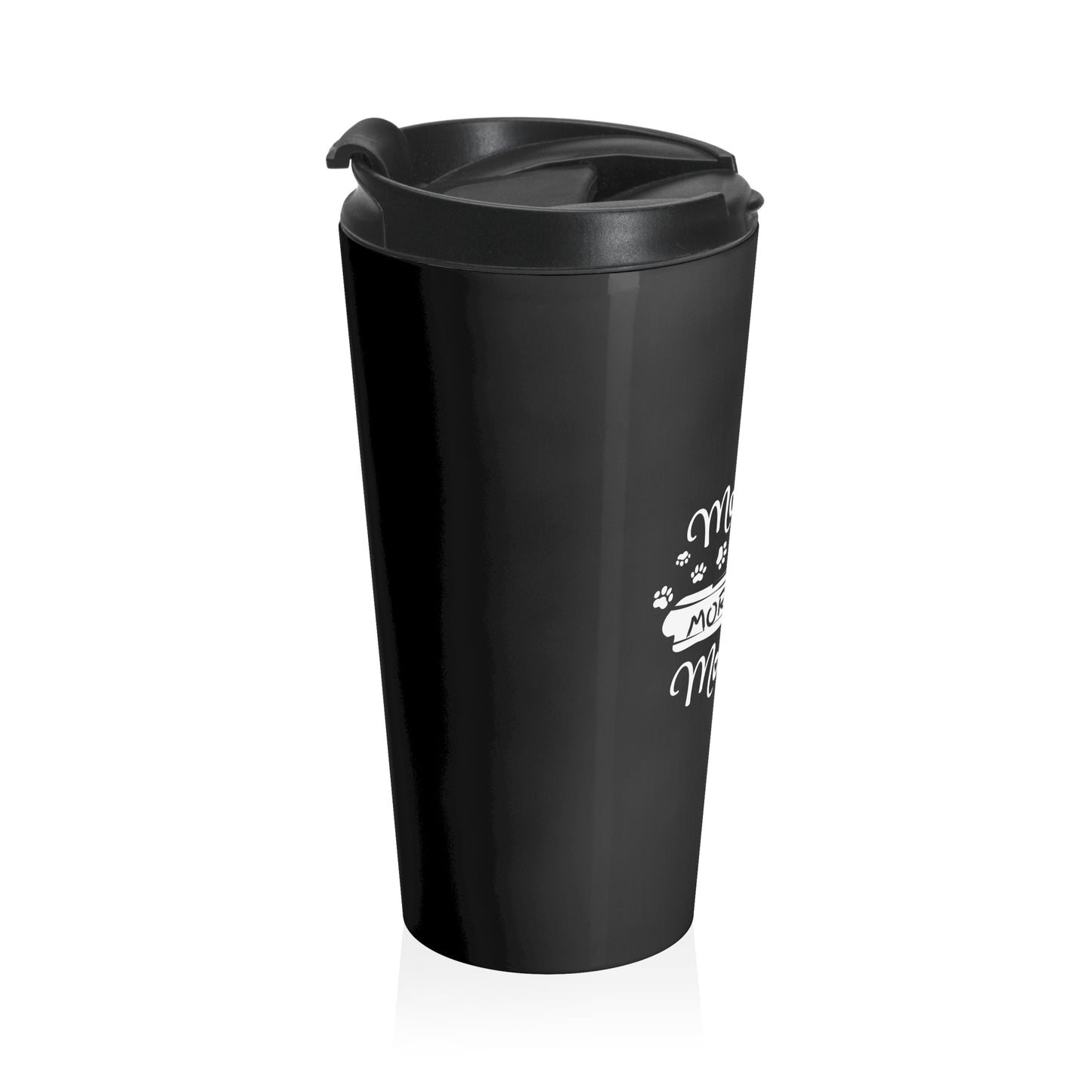 Black travel mug with a white text design on a white background