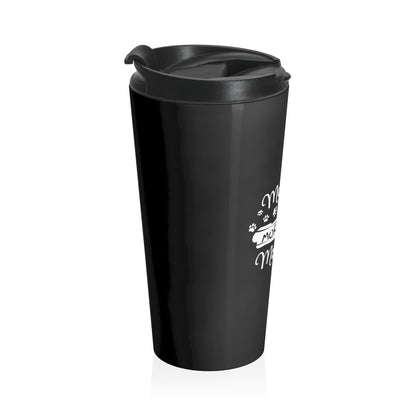 Black travel mug with a white text design on a white background