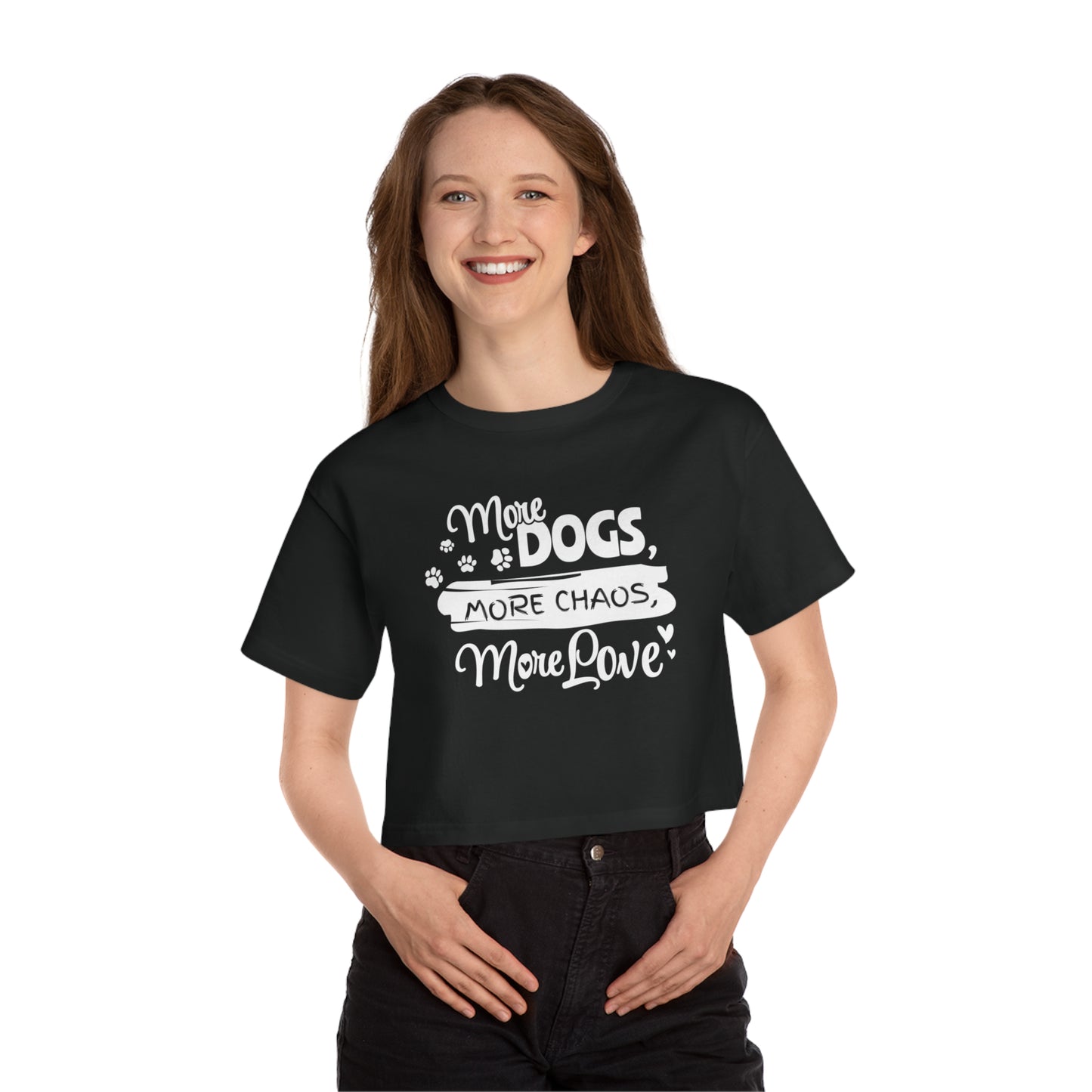 Person wearing a black t-shirt with white text and graphics on a white background