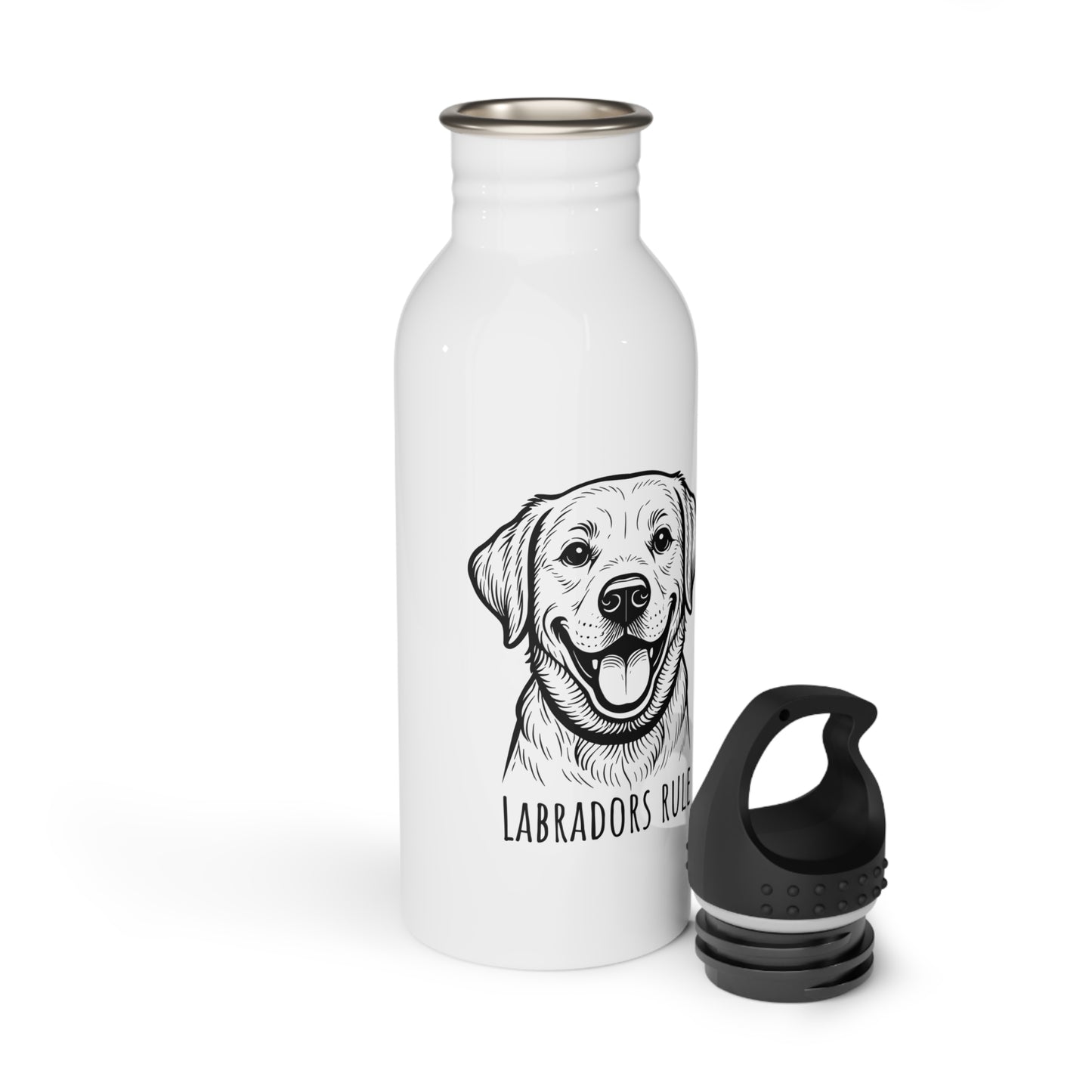 White water bottle with a black and white dog illustration and 'Labradors Rule' text on a white background.