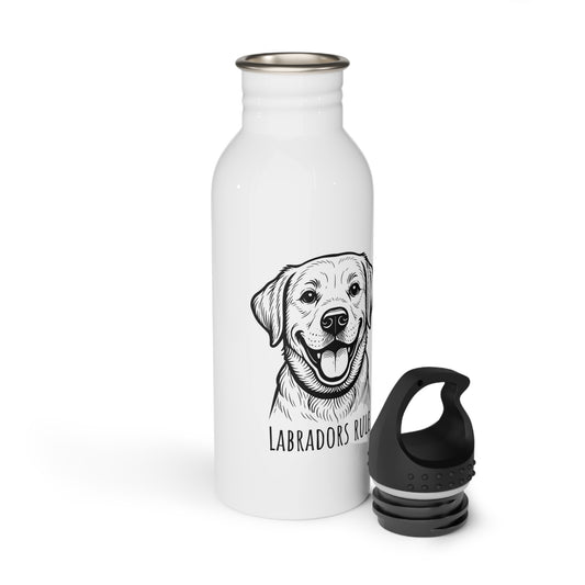White water bottle with a black and white dog illustration and 'Labradors Rule' text on a white background.