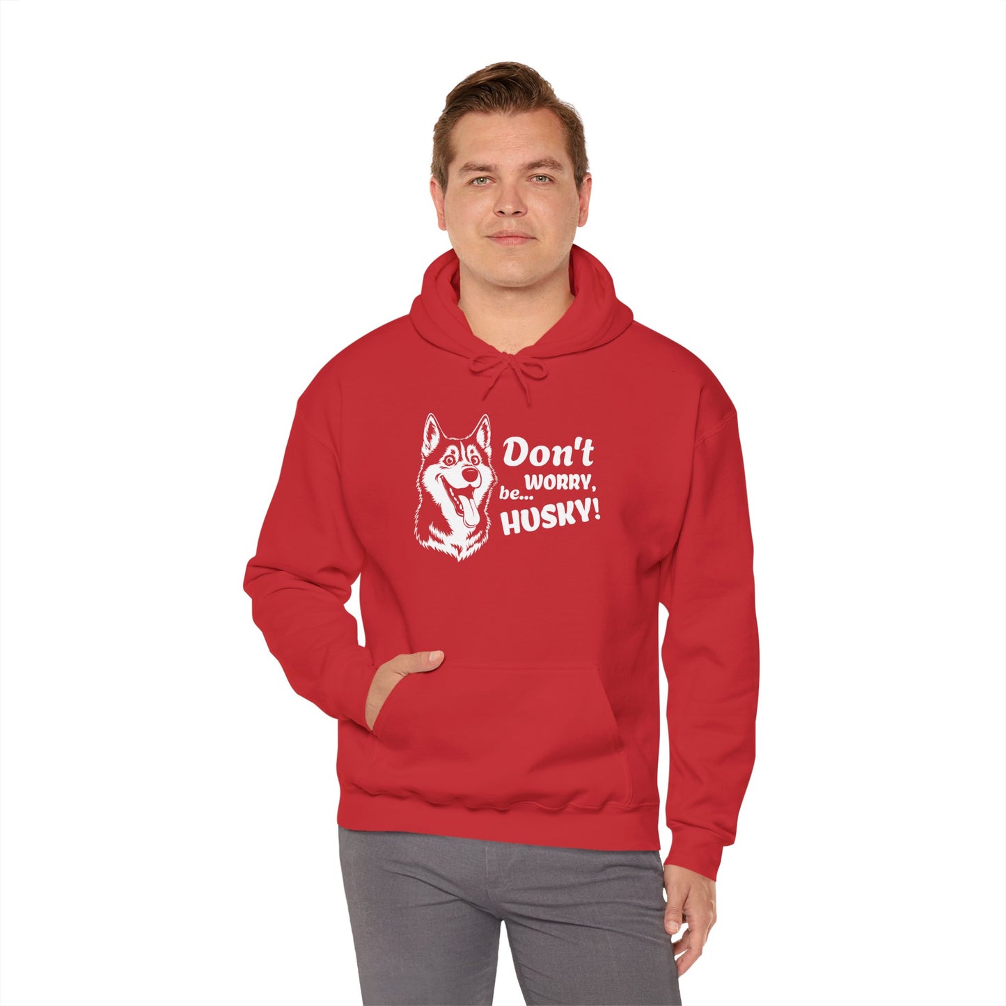 Person wearing a red hoodie with a husky graphic and text on a white background