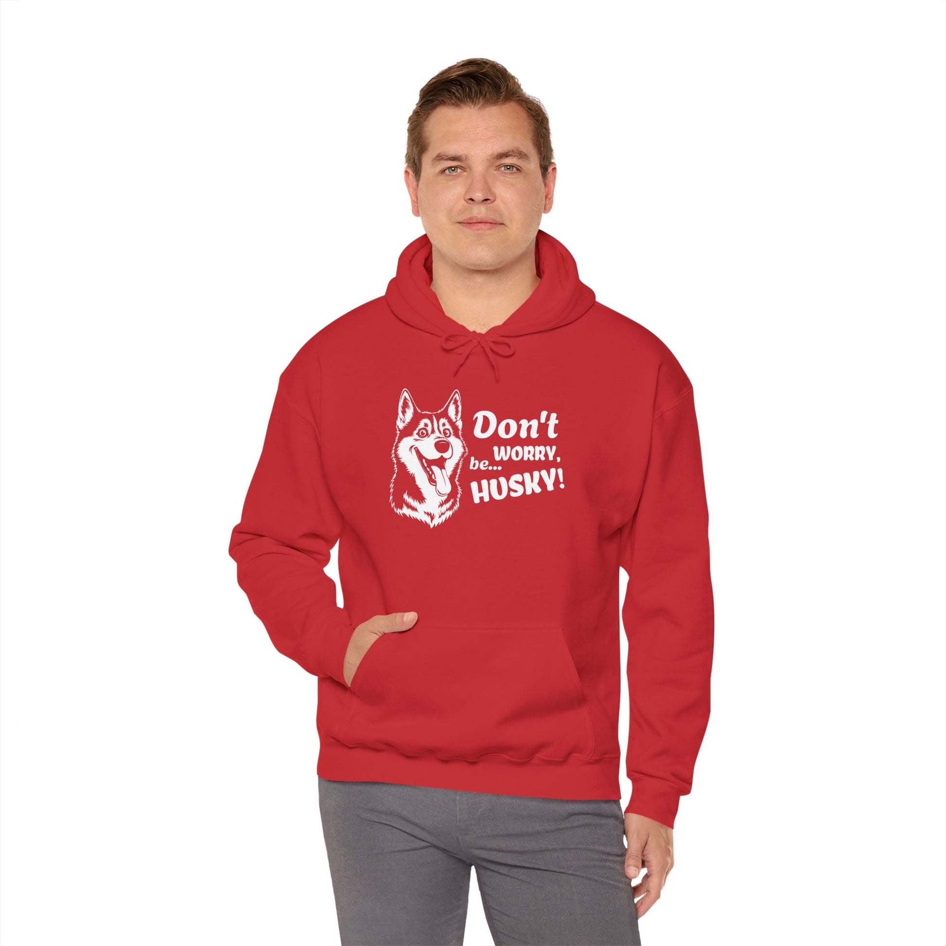 Person wearing a red hoodie with a husky graphic and text on a white background