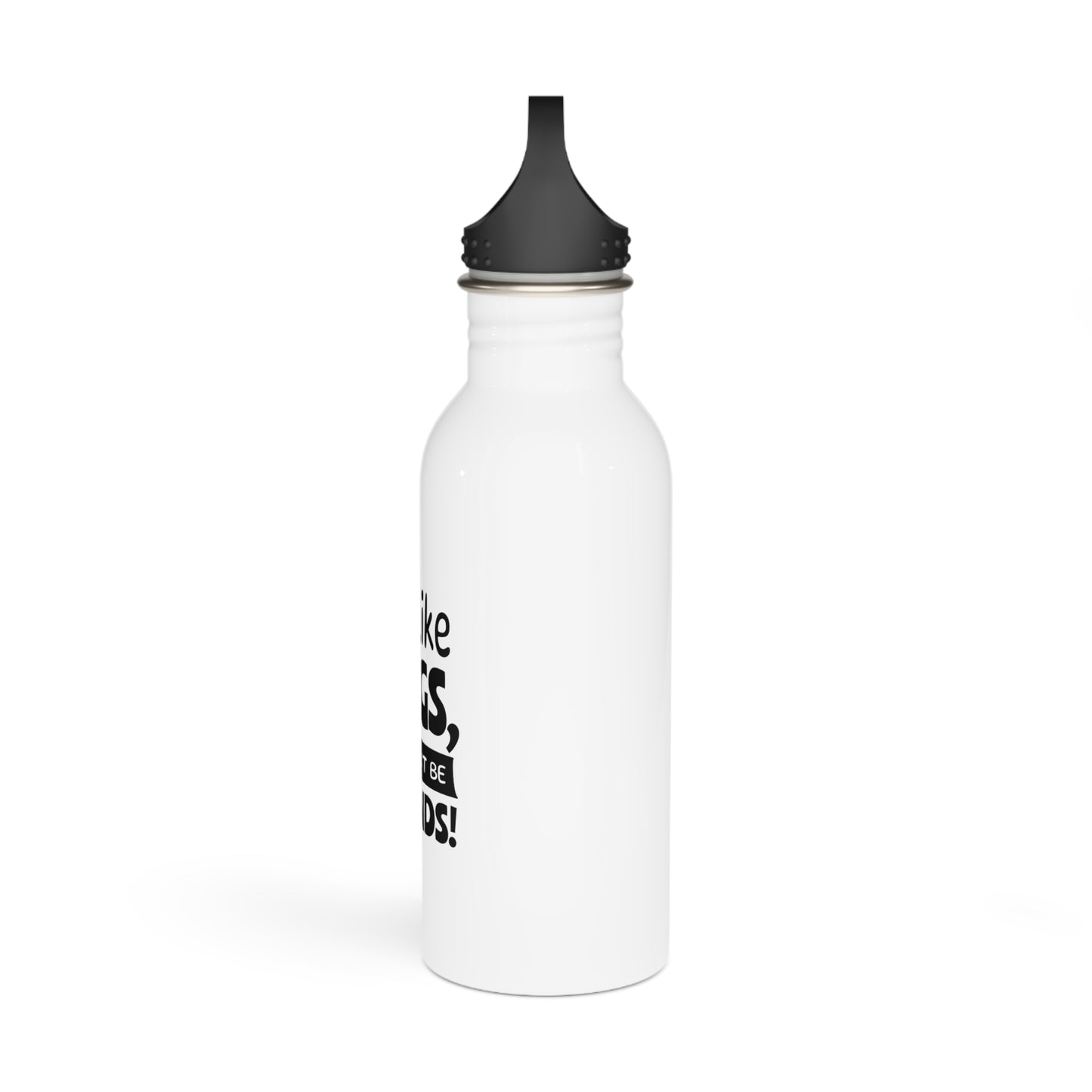 White water bottle with black cap and text on a white background